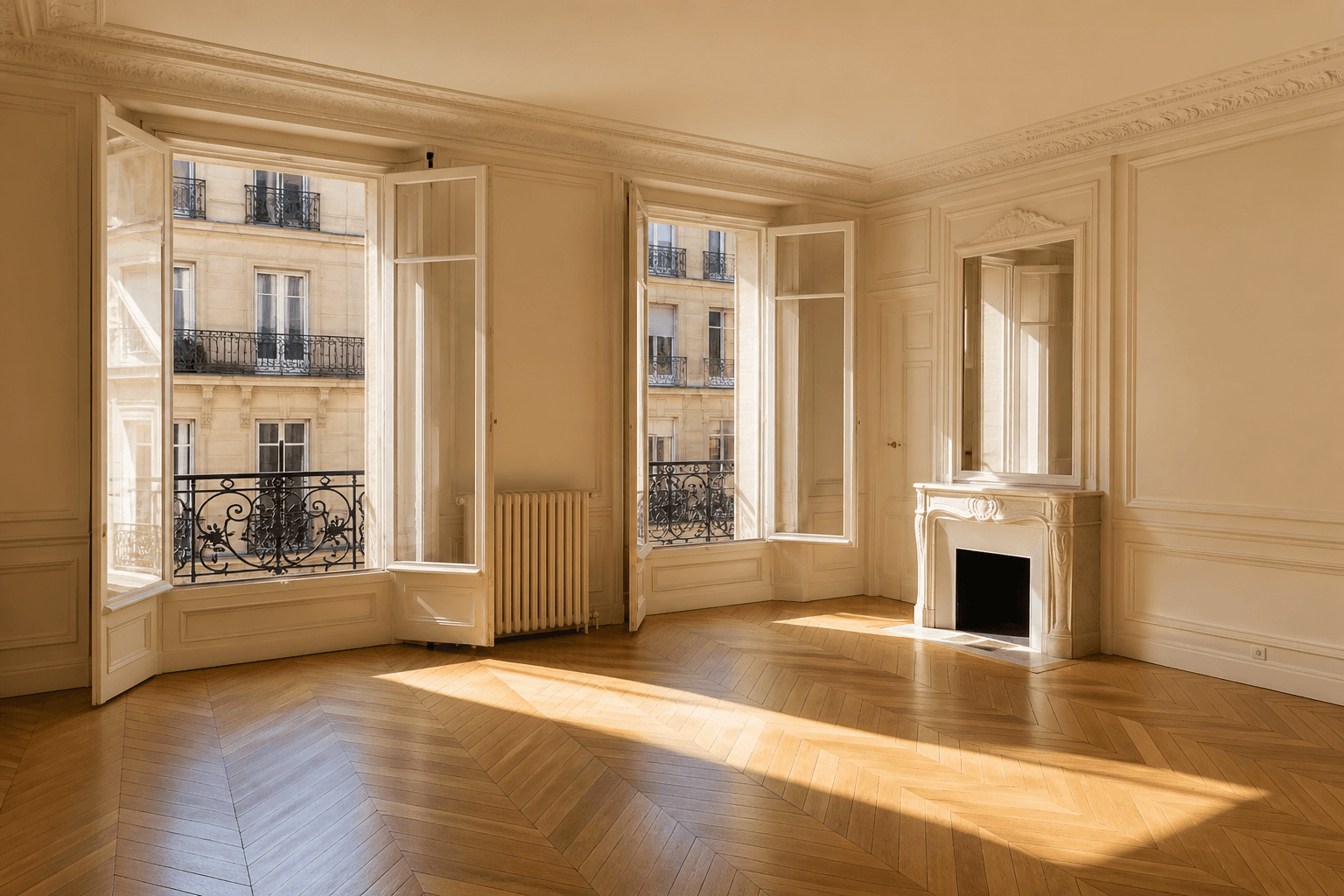 Rayons de soleil traversant un appartement parisien face à un immeuble en vis-à-vis