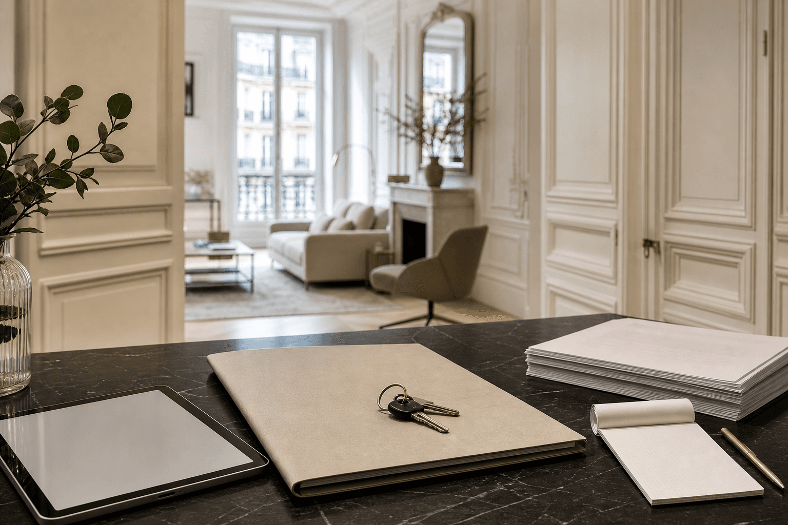 Dossier de gestion locative, clés et tablette posés dans un appartement parisien lumineux