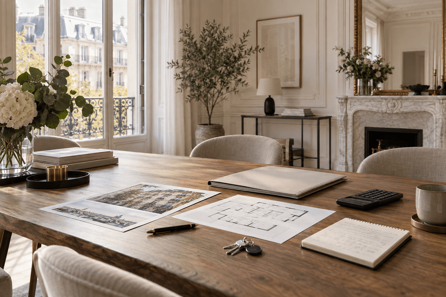 Table de conseil immobilier dans un appartement parisien avec dossier de vente, plan, clés et calculatrice