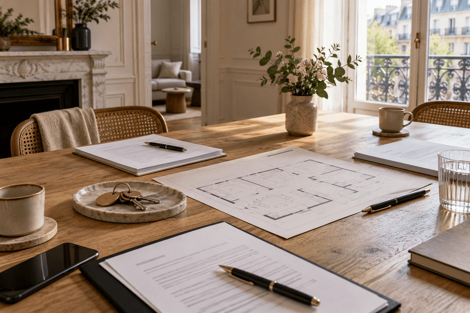 Dossier de location et clés posés sur une table dans un appartement parisien lumineux, prêts à organiser une mise en location.