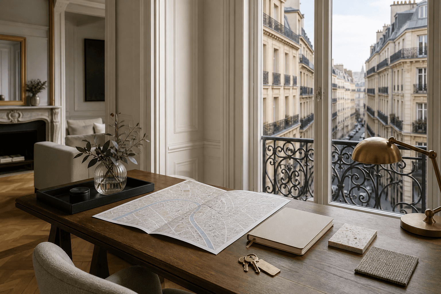 Bureau haussmannien avec carte de Paris, clés et vue sur deux rues voisines depuis une fenêtre