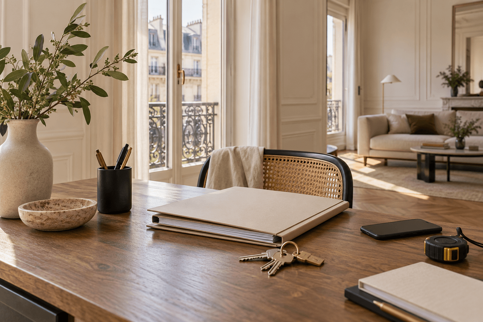 Dossier et trousseau préparés sur une table dans un appartement parisien lumineux avant une mise en location