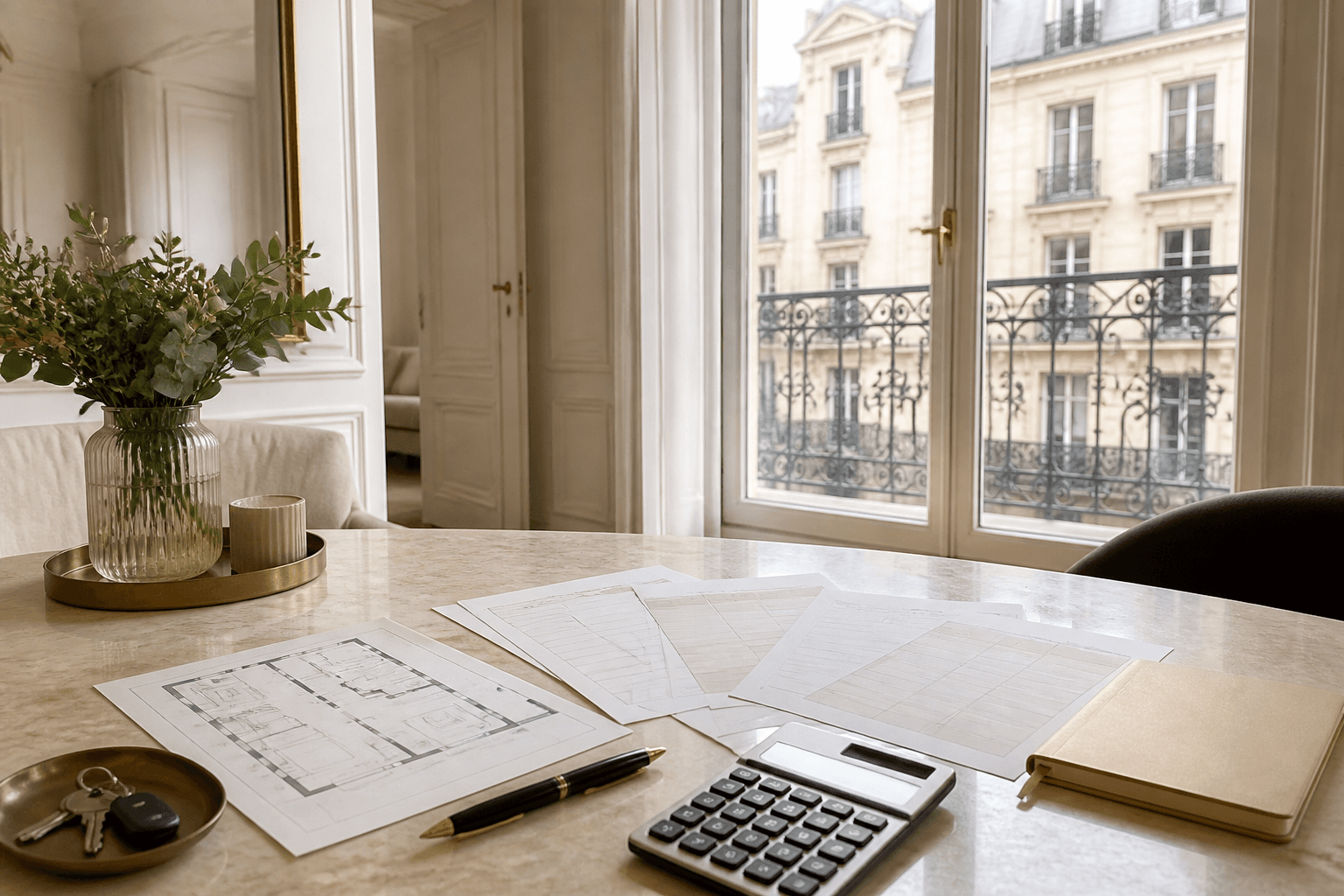 Documents de comparaison de prix, plan, calculatrice et clés sur une table dans un appartement parisien lumineux