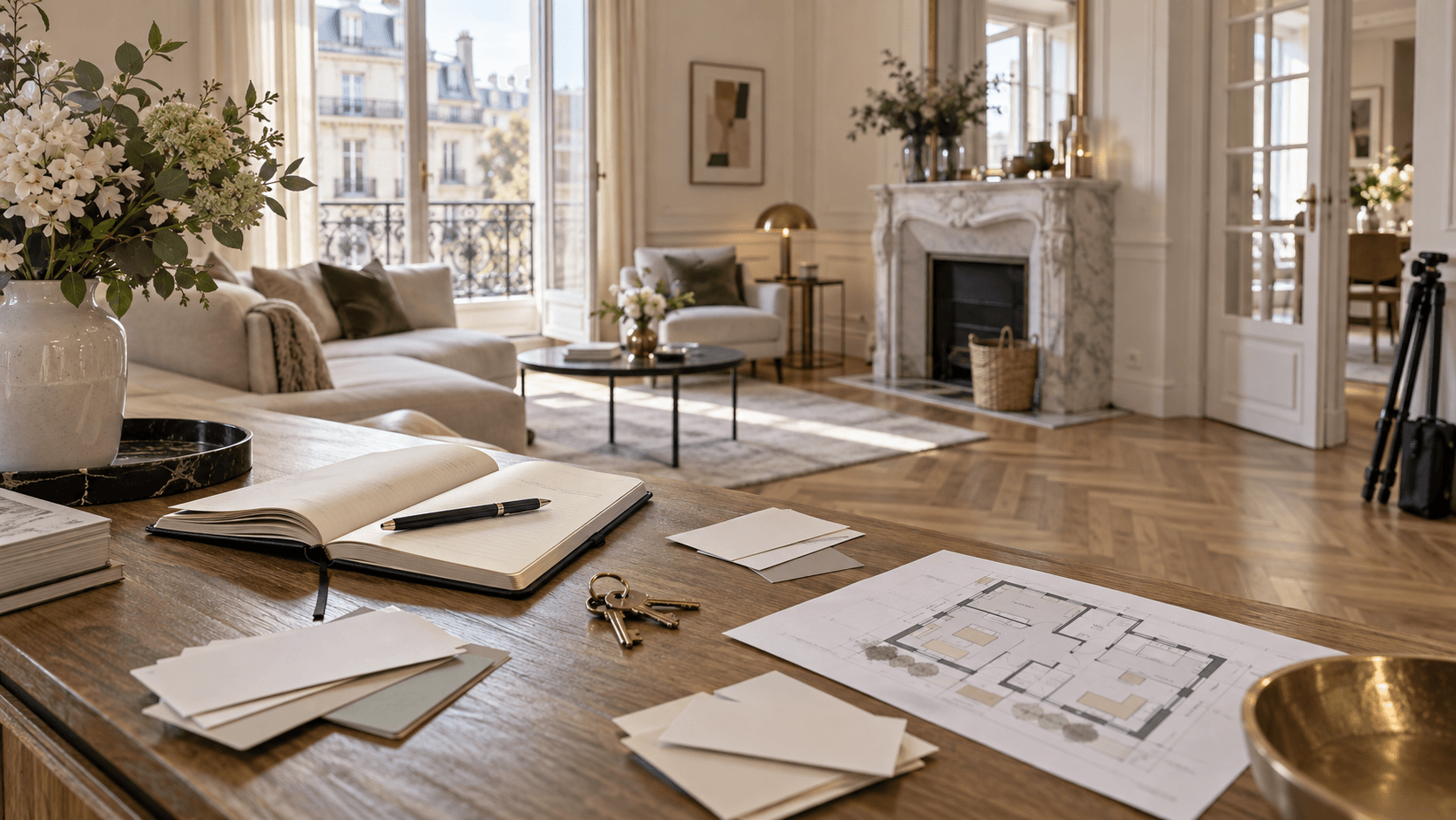 Appartement parisien préparé pour une visite avec carnet de notes, clés et plan posés sur une table
