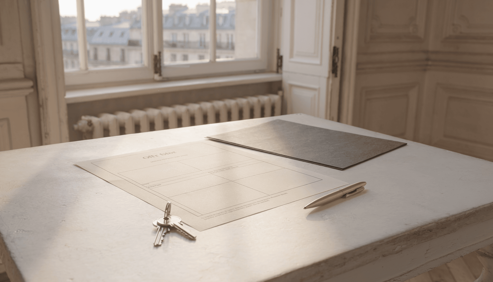 Offre d’achat et dossier immobilier posés sur une table en pierre dans un appartement parisien lumineux