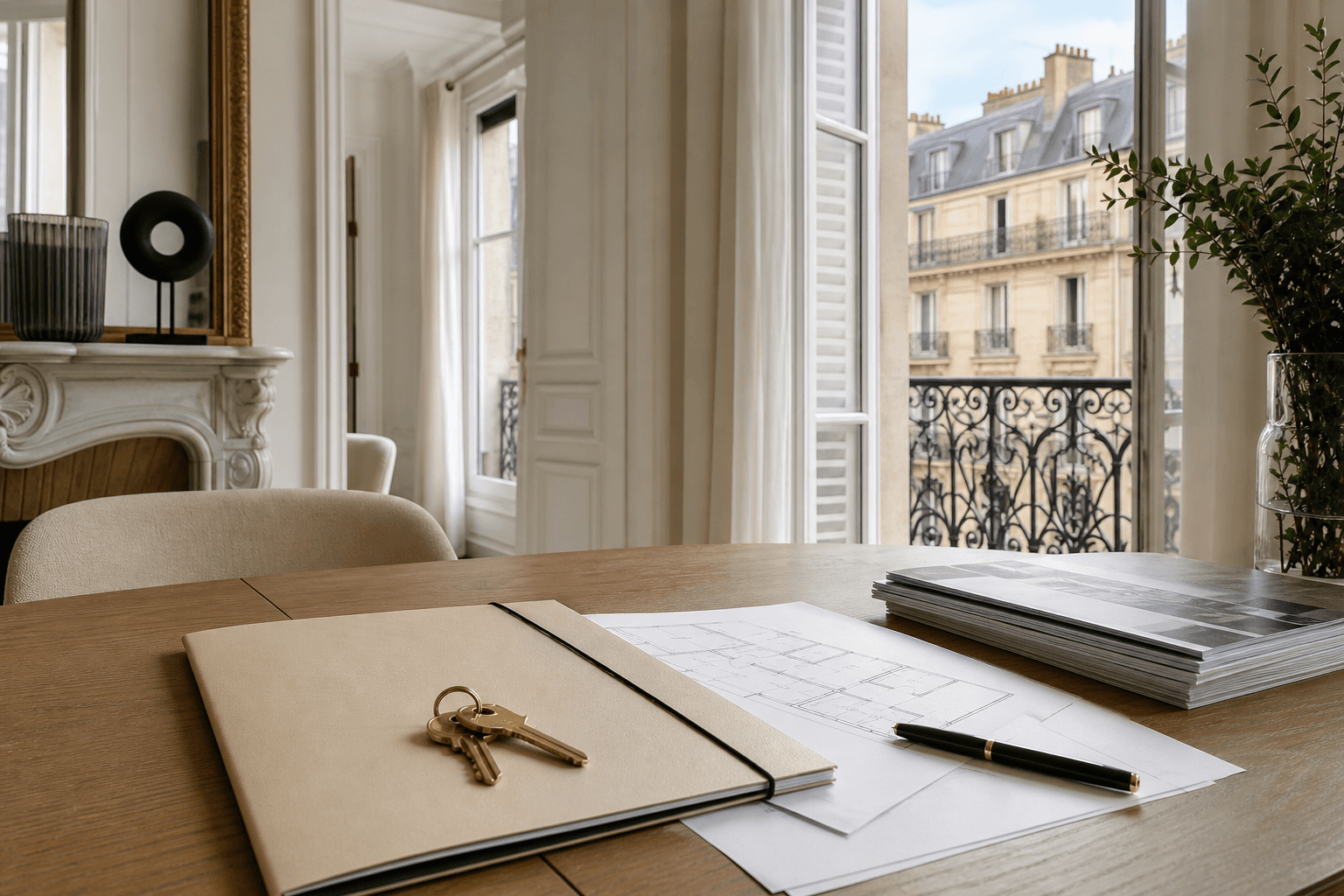 Dossier d’offre d’achat, plan et clés sur une table dans un appartement parisien lumineux