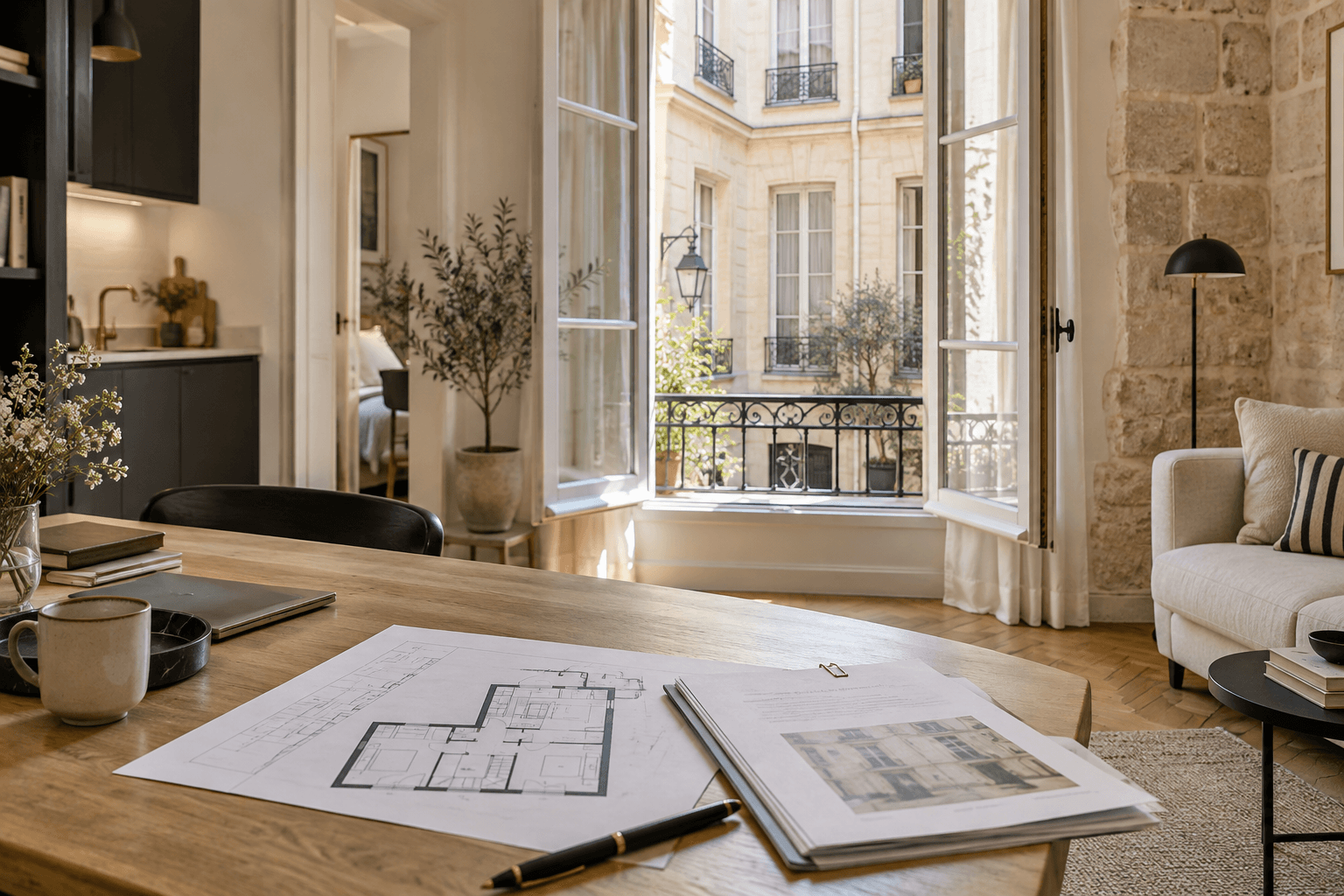 Dossier de copropriété et plan d’un petit appartement parisien sur une table en pierre