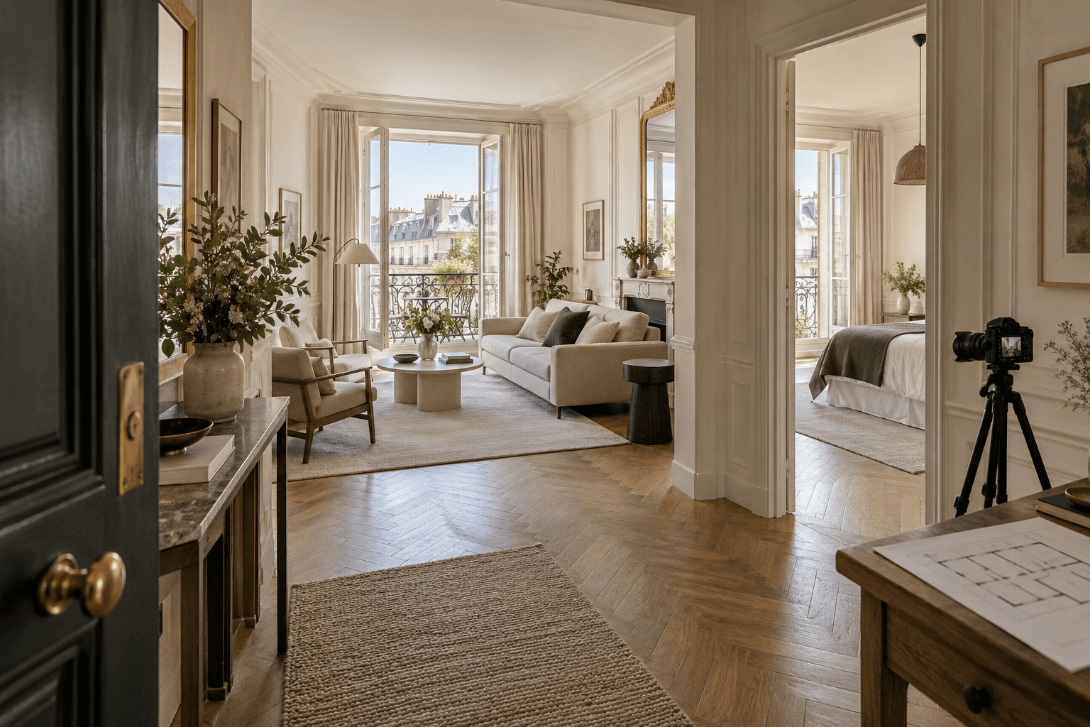 Salon parisien vu depuis l’entrée avec un appareil photo et un plan préparés pour une annonce immobilière