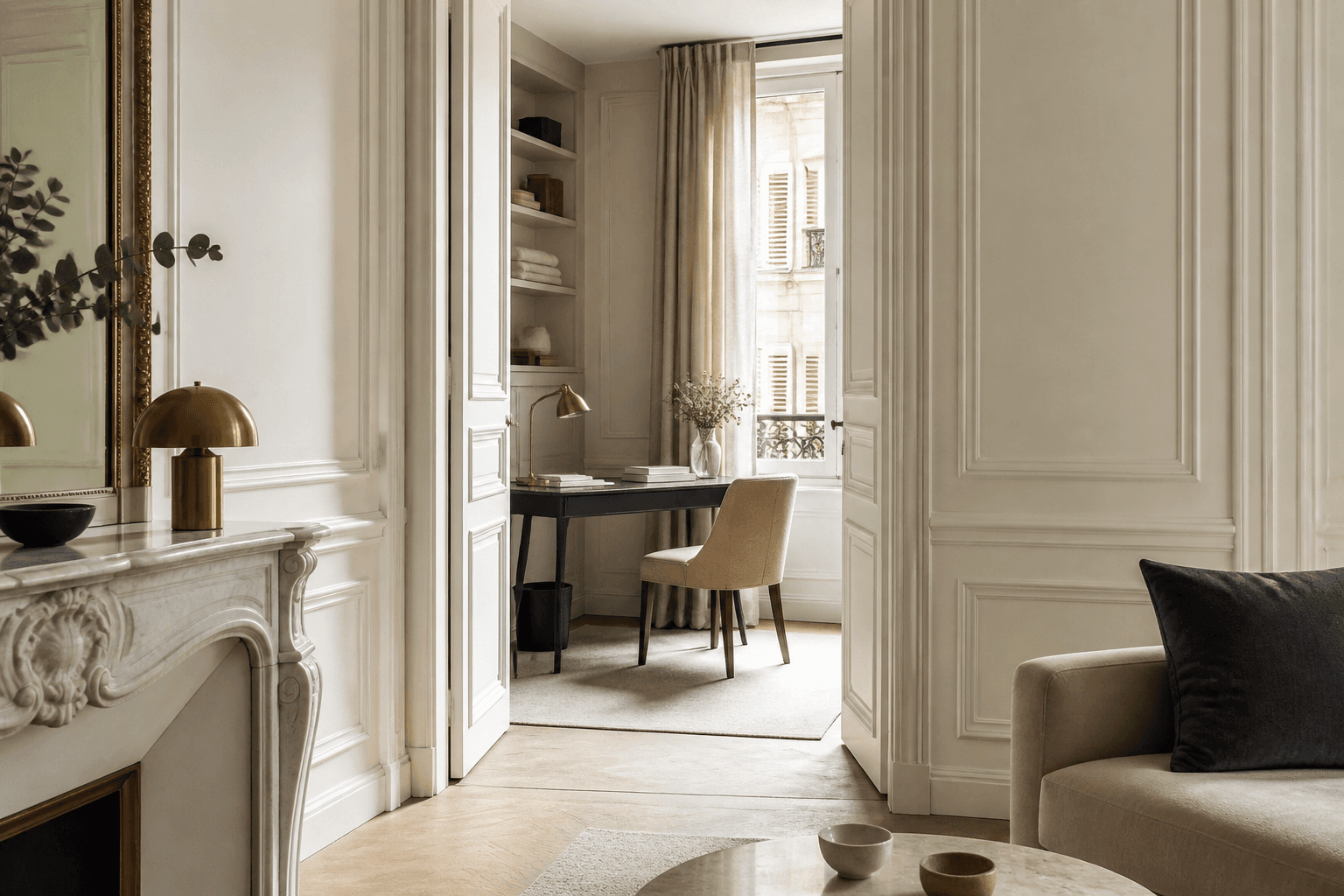 Petite pièce lumineuse aménagée en bureau dans un appartement haussmannien parisien