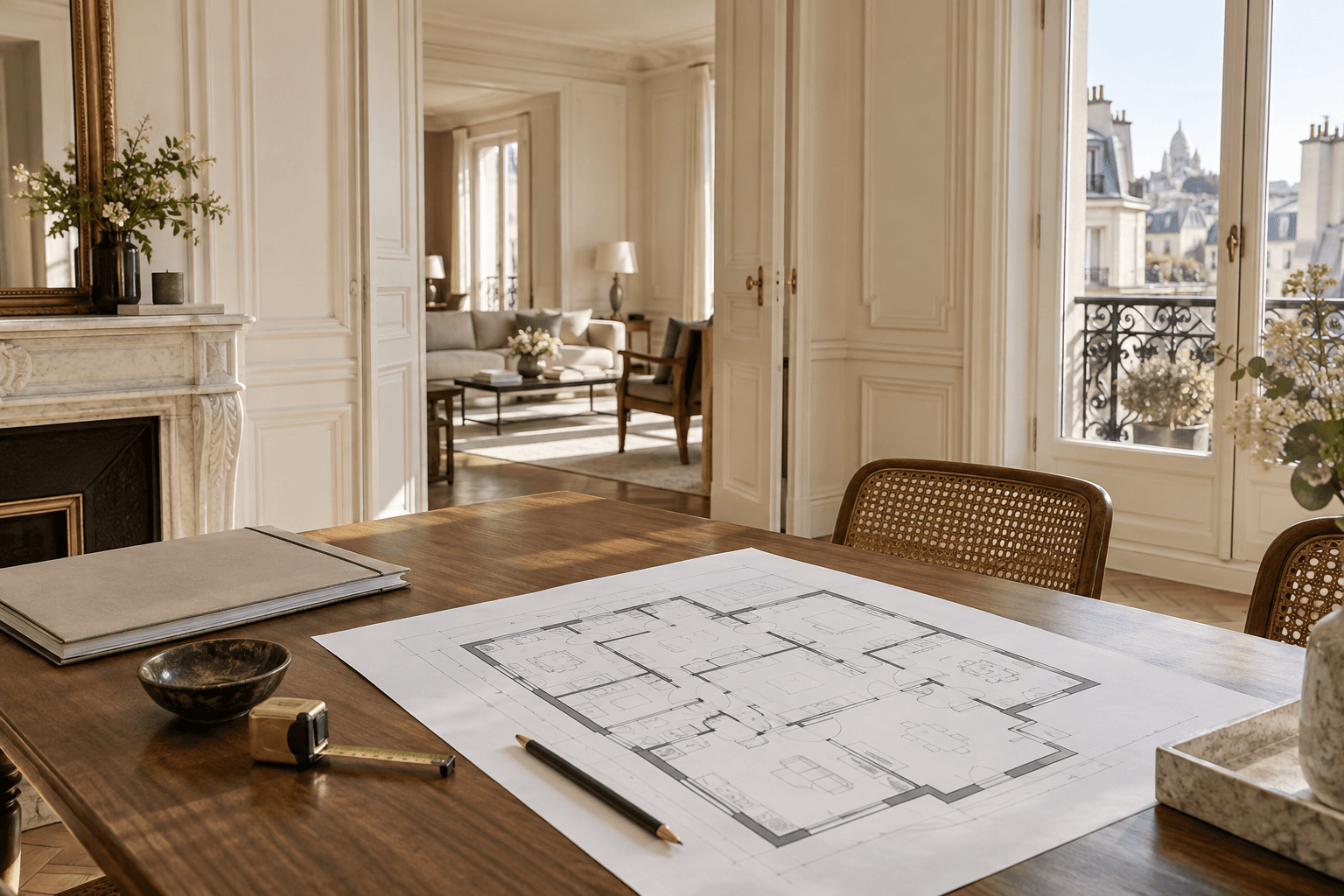 Plan d’un appartement parisien posé sur une table dans un intérieur lumineux avant une vente
