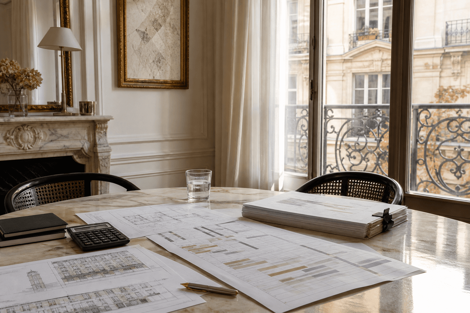 Plans, calendrier de travaux et calculatrice posés sur une table en pierre dans un appartement parisien lumineux