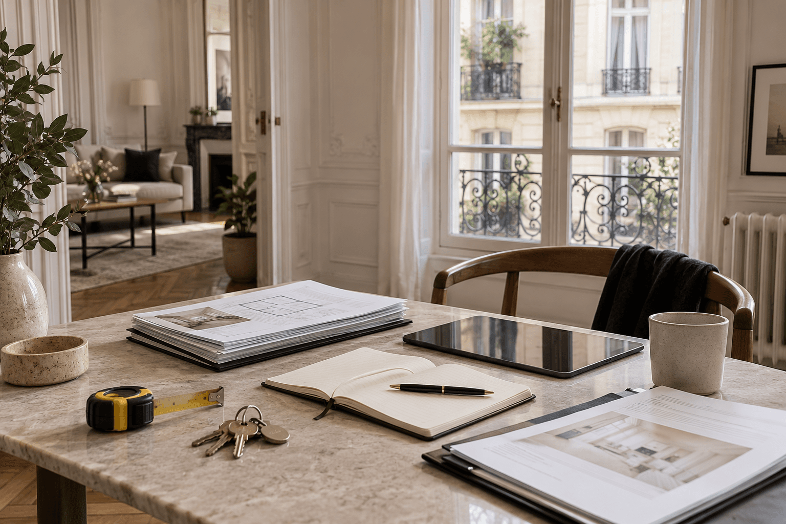 Table parisienne préparée pour une première mise en location avec clés, dossier, plan et carnet