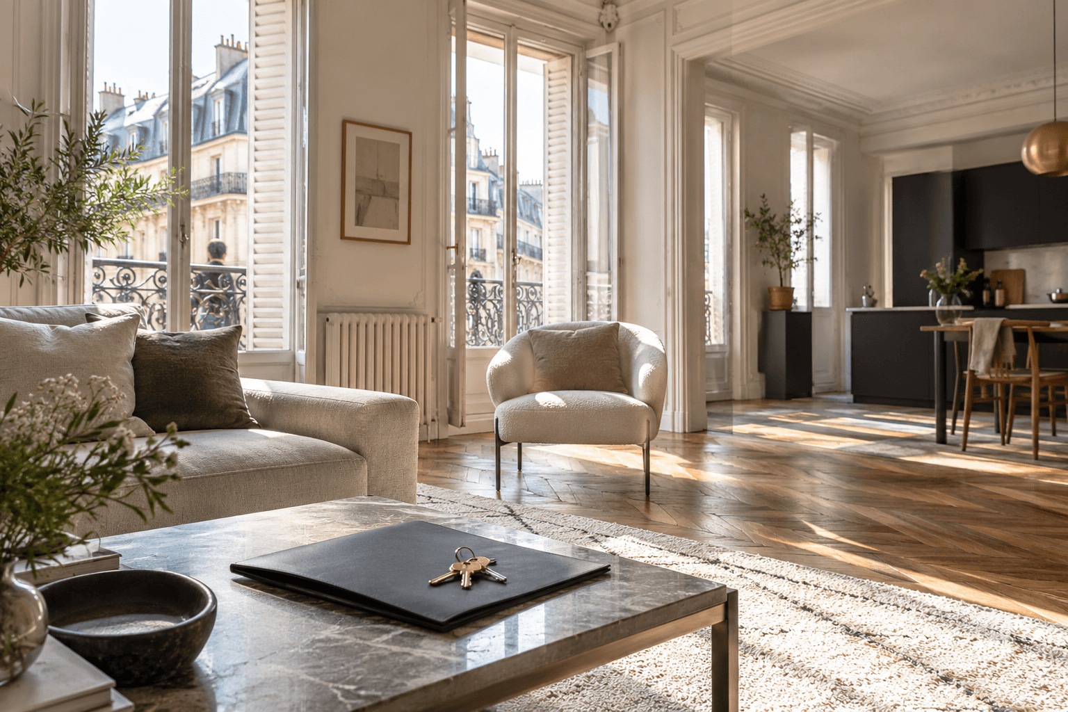 Intérieur parisien préparé pour une première visite locative avec clés et dossier neutre
