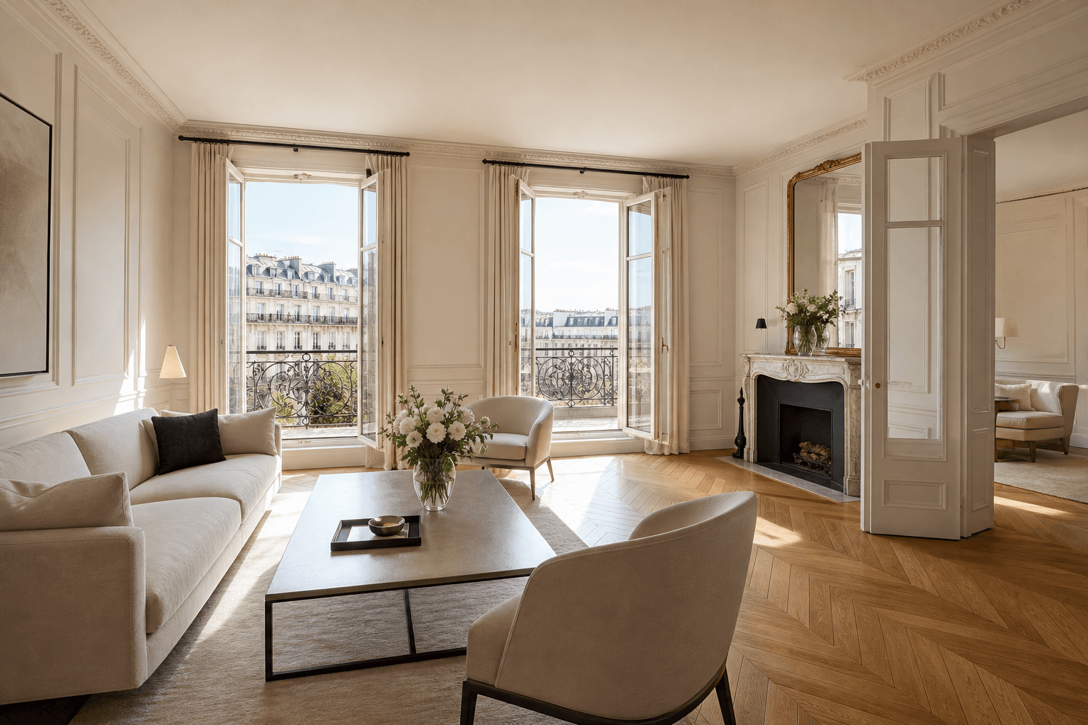 Salon parisien rangé et lumineux préparé avec sobriété pour des photographies et des visites