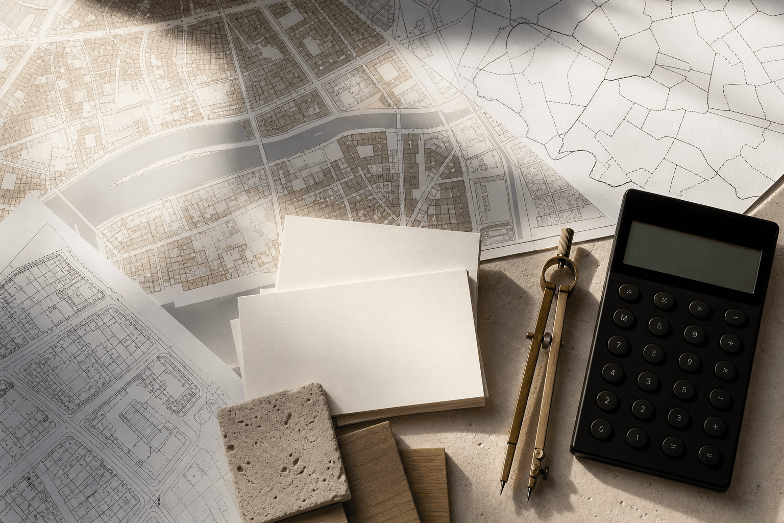 Cartes parisiennes, compas et calculatrice illustrant l’analyse d’un prix au mètre carré