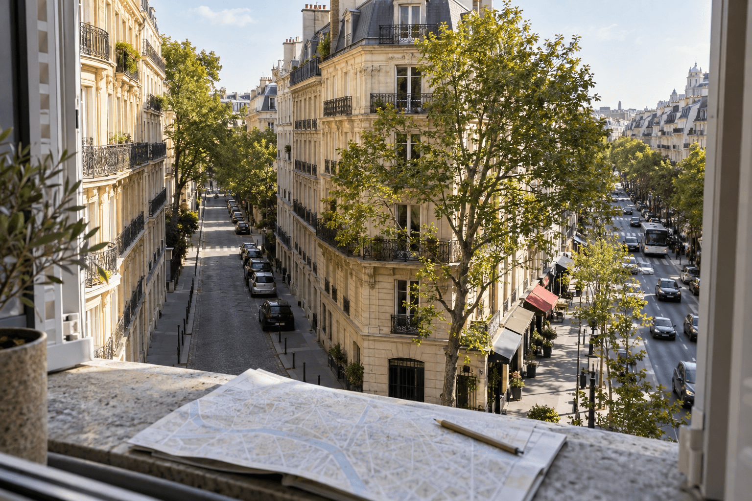 Vue parisienne montrant une rue calme et un boulevard animé depuis une fenêtre avec carte posée au premier plan