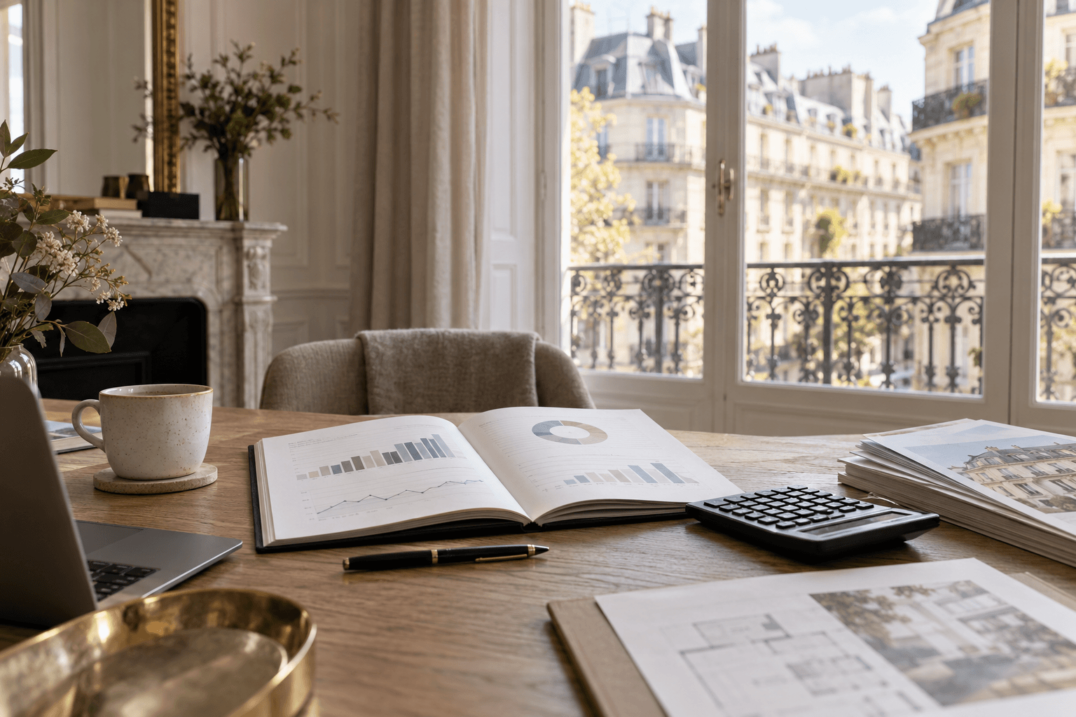 Table de travail parisienne avec graphiques abstraits, calculatrice et immeubles haussmanniens en arrière-plan
