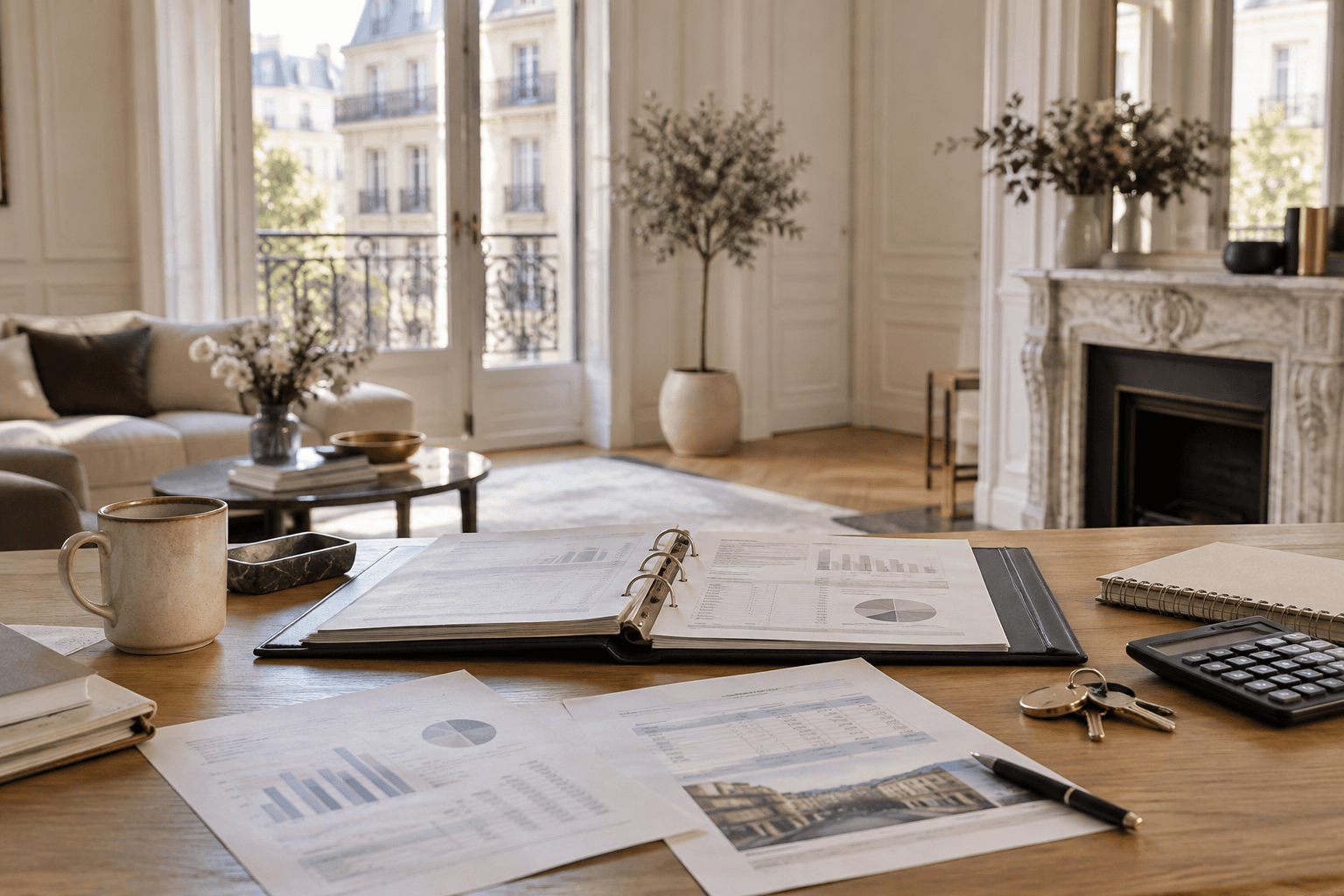 Dossier de charges, calculatrice et clés posés sur une table dans un appartement parisien lumineux