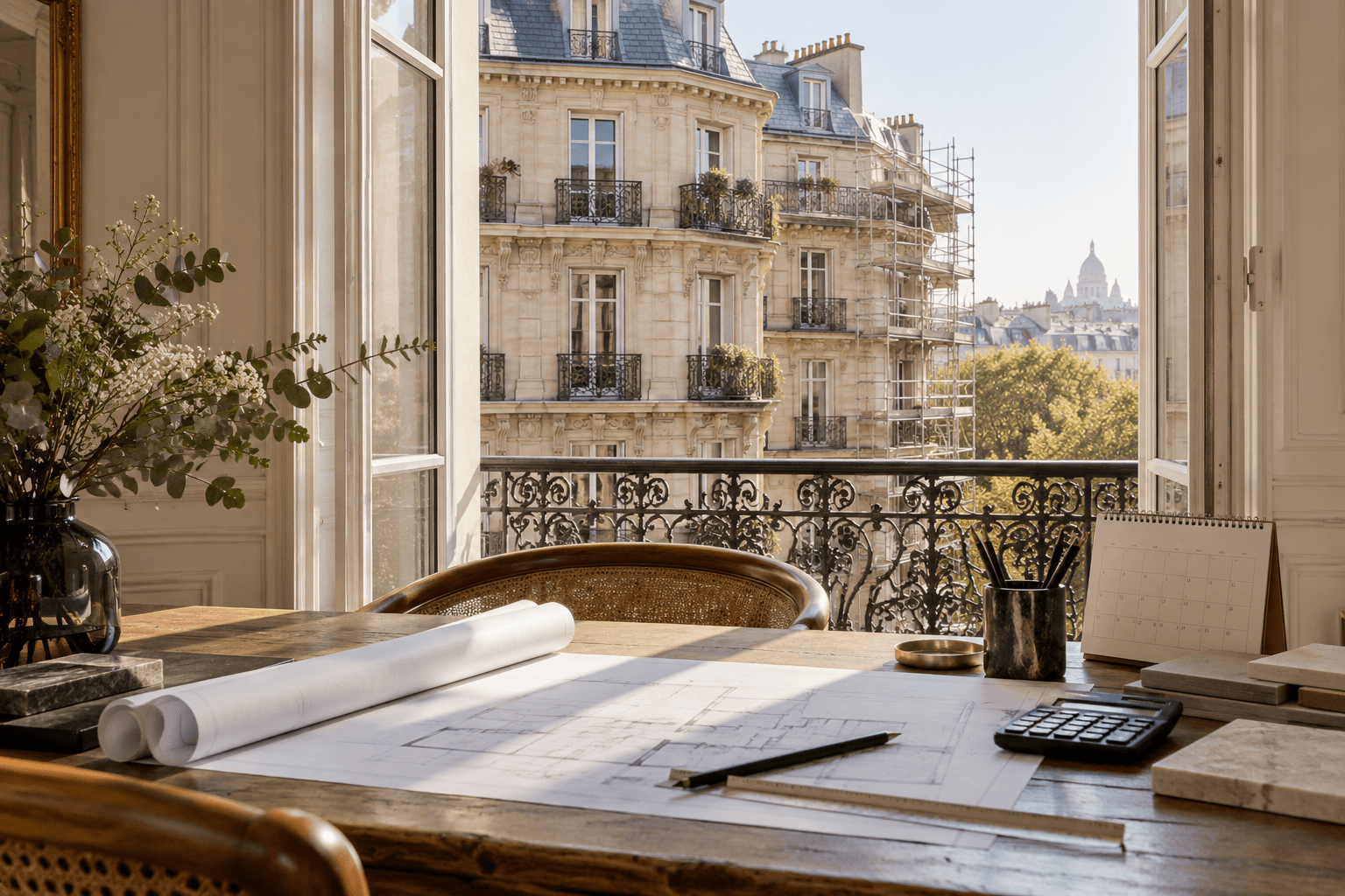 Dossier de ravalement et plans de façade posés devant un immeuble parisien en travaux