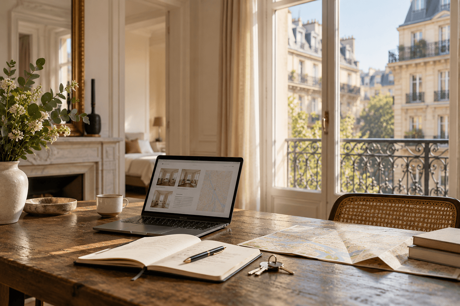 Table de préparation d’une recherche locative à Paris avec carnet, clés, carte et immeubles parisiens en arrière-plan