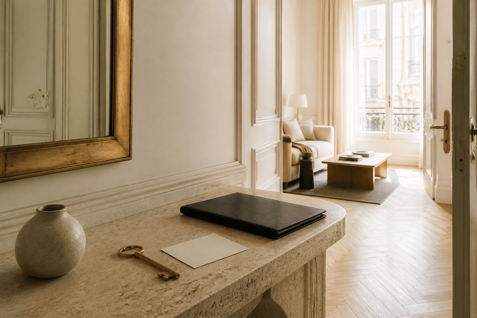 Appartement parisien lumineux prêt à être loué avec clés et dossier de visite posés sur une console