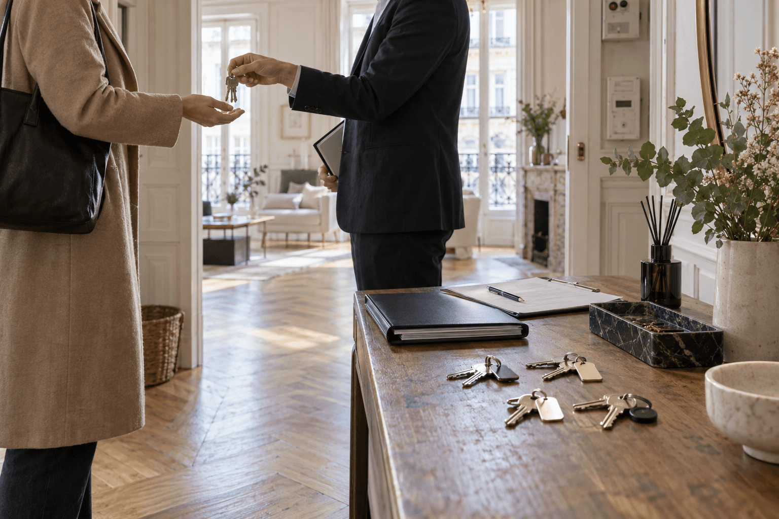 Clés et dossier de passation posés sur une console dans un appartement parisien lumineux