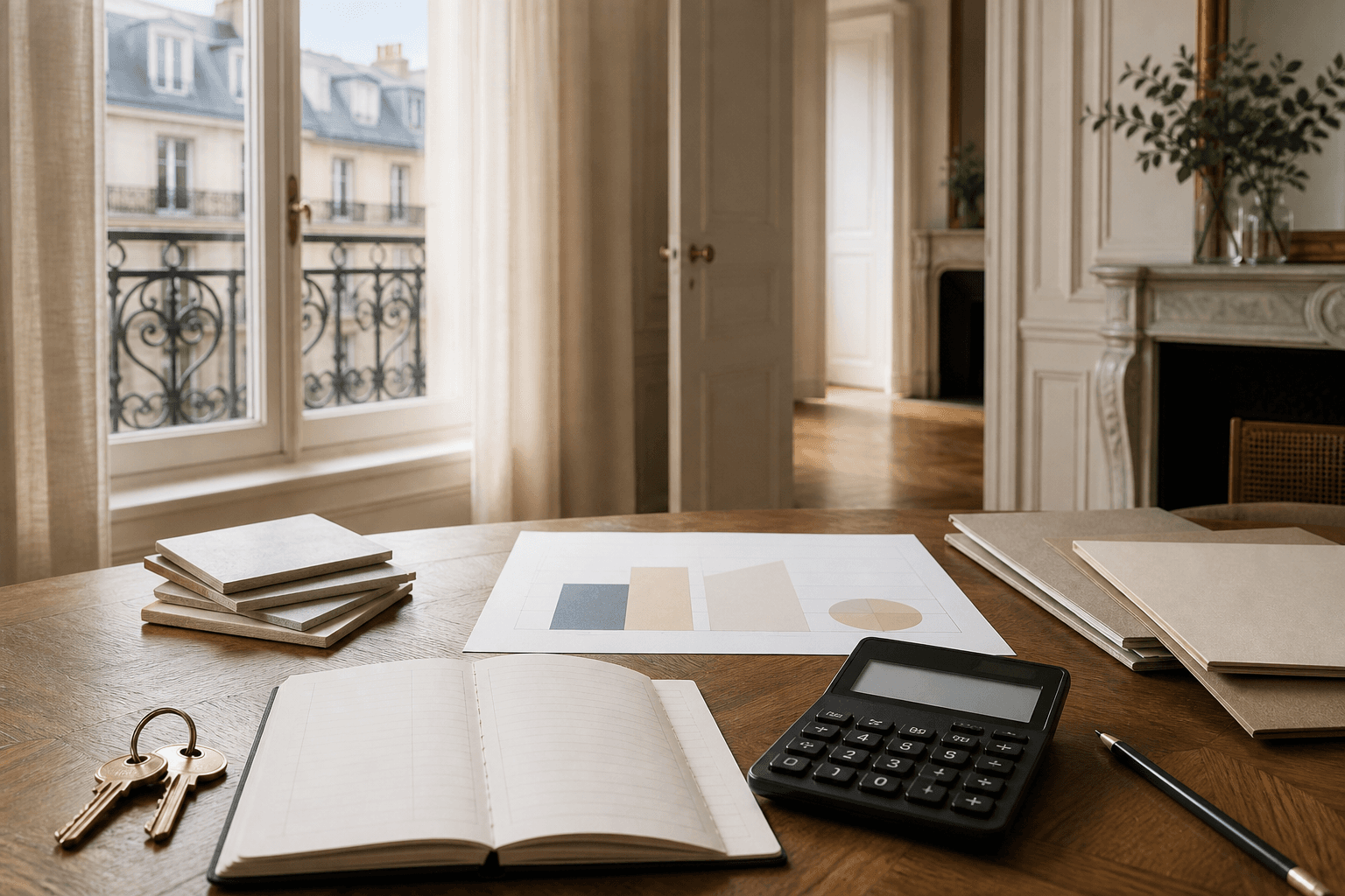 Table de travail dans un appartement parisien avec clés, calculatrice et graphique de rentabilité locative