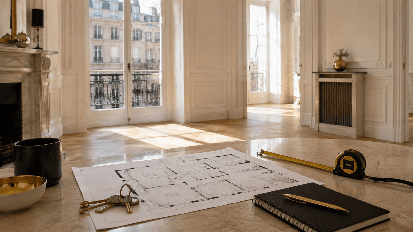 Plan, clés et carnet posés dans un appartement parisien lumineux avant une décision d’achat