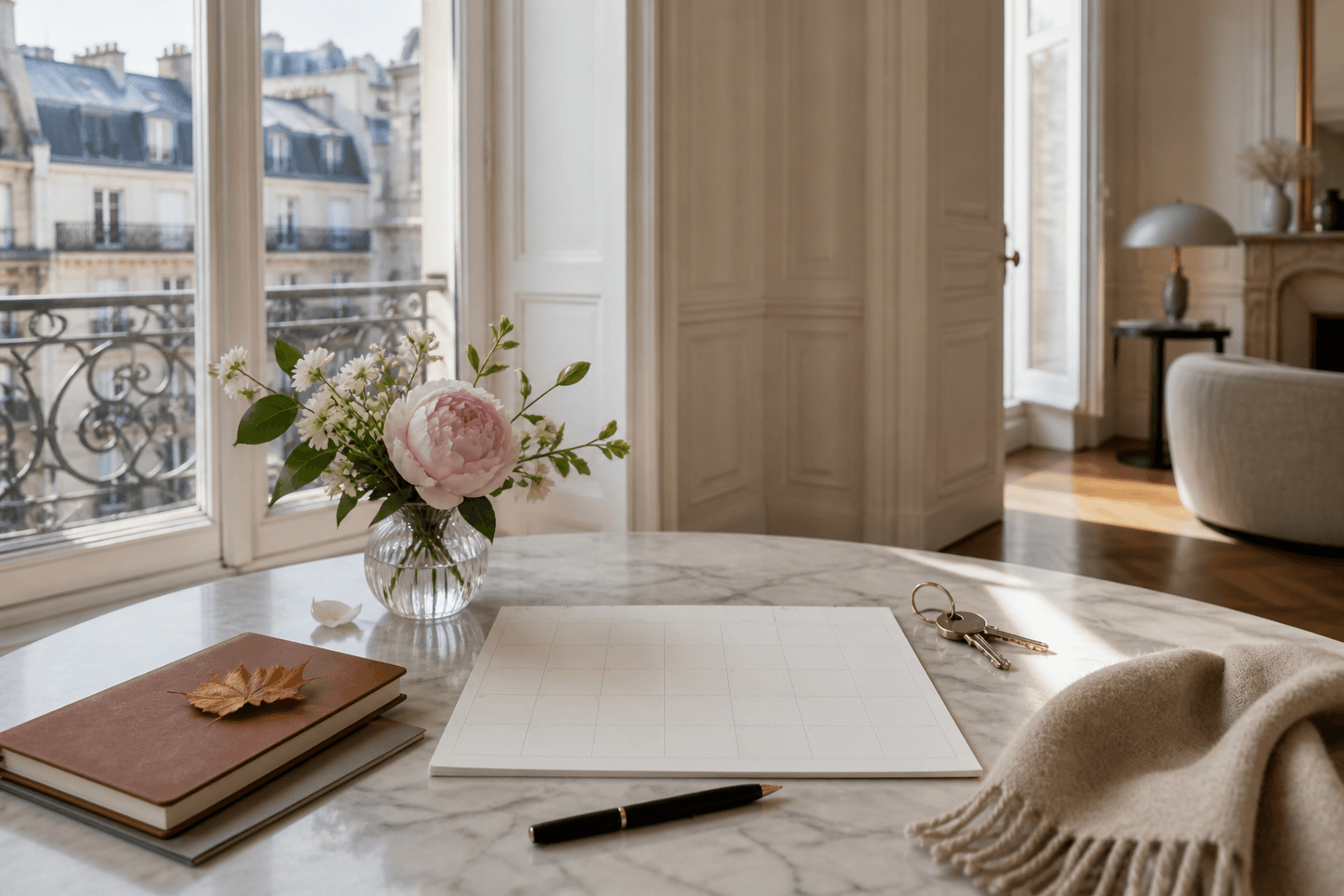 Calendrier vierge, clés et objets saisonniers sur une table dans un appartement parisien
