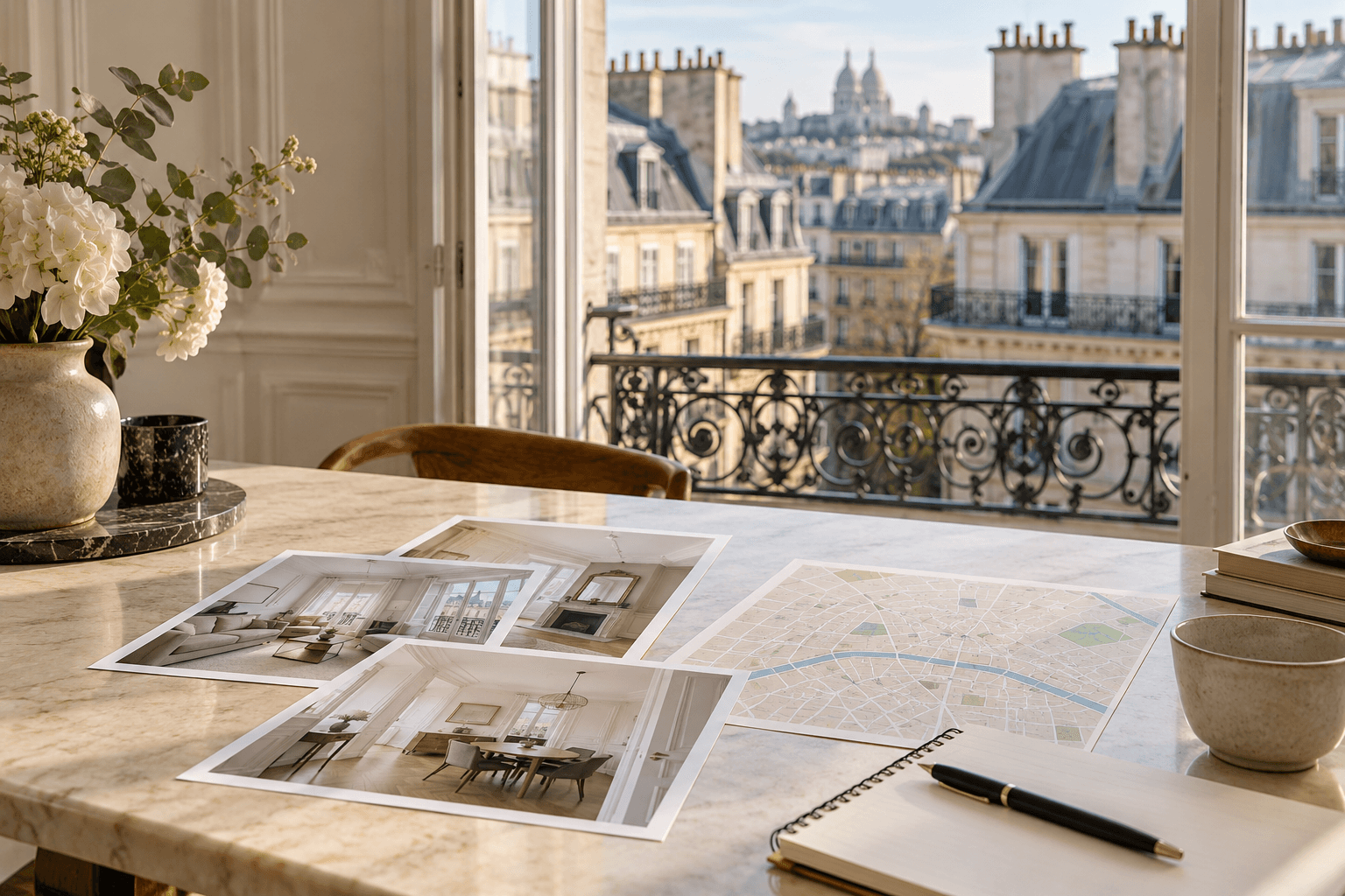Dossiers d’annonces et carte d’un quartier parisien disposés sur une table près d’une fenêtre.