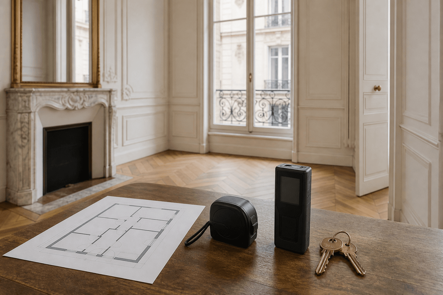 Plan d’appartement, clés et outils de mesure posés dans un appartement haussmannien vide à Paris