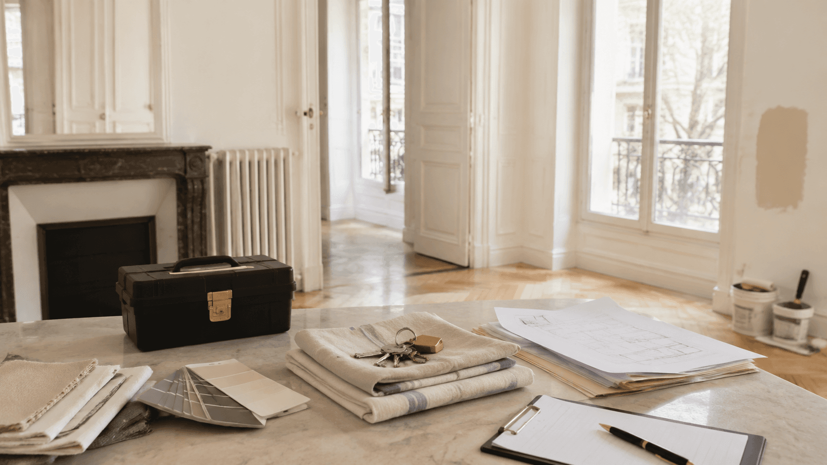 Appartement parisien lumineux avec outils, clés, tissus et dossier de travaux avant mise en location