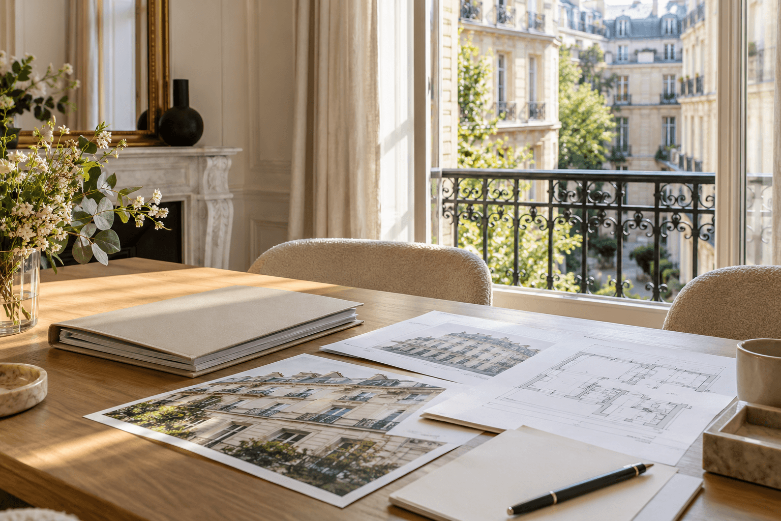 Dossier de travaux et plans posés sur une table devant une façade parisienne en pierre.