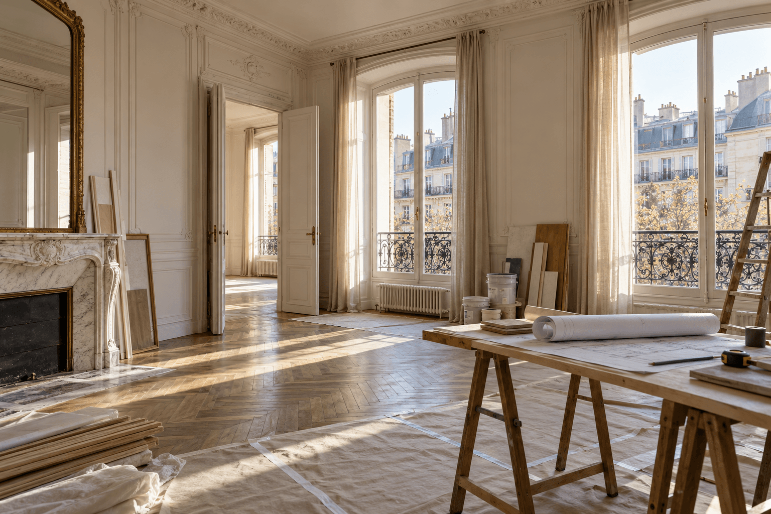 Appartement parisien haussmannien protégé avant des travaux avec plans et matériaux posés sur une table