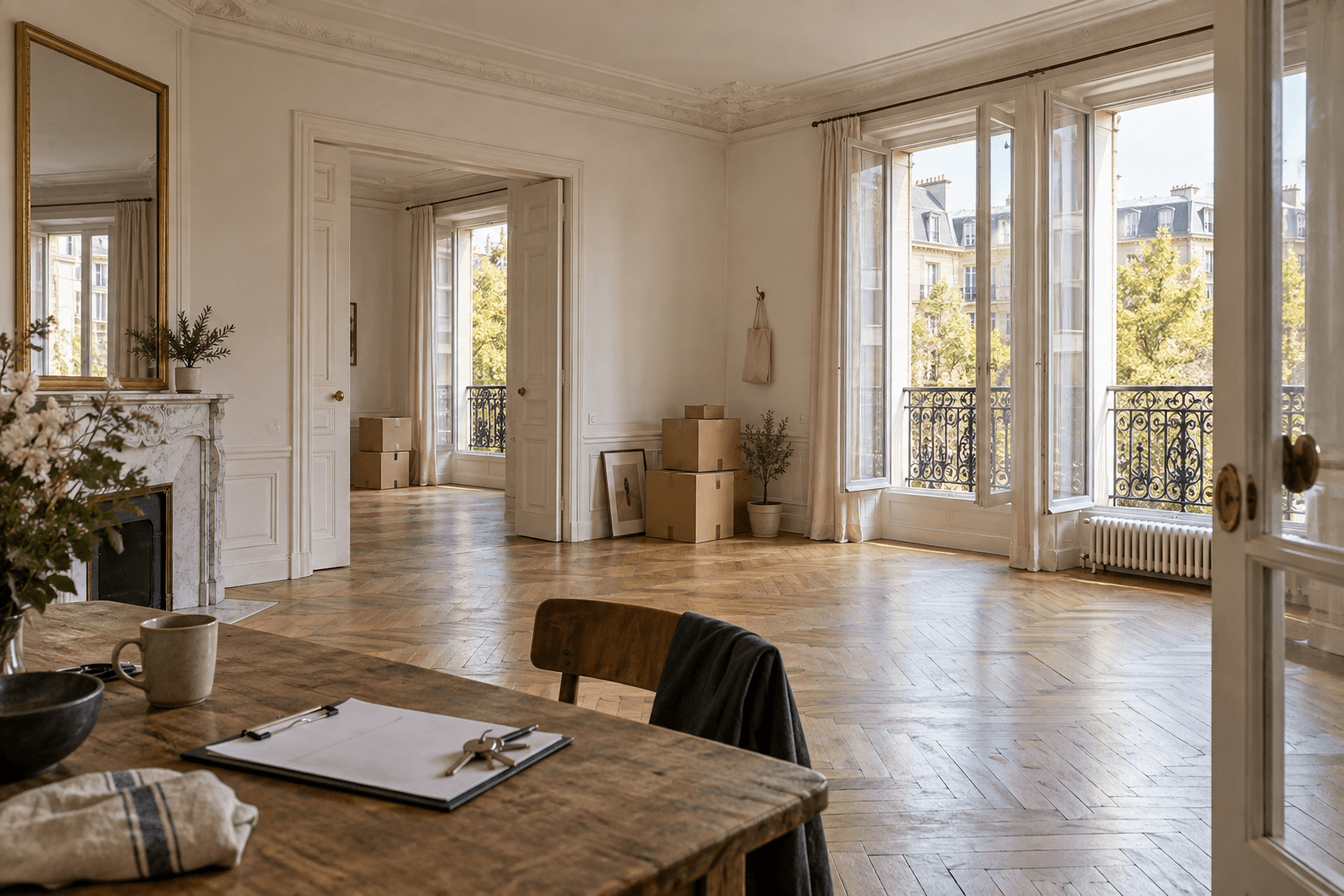 Appartement parisien vidé après une location, avec parquet, fenêtres et clés prêtes pour une remise en vente