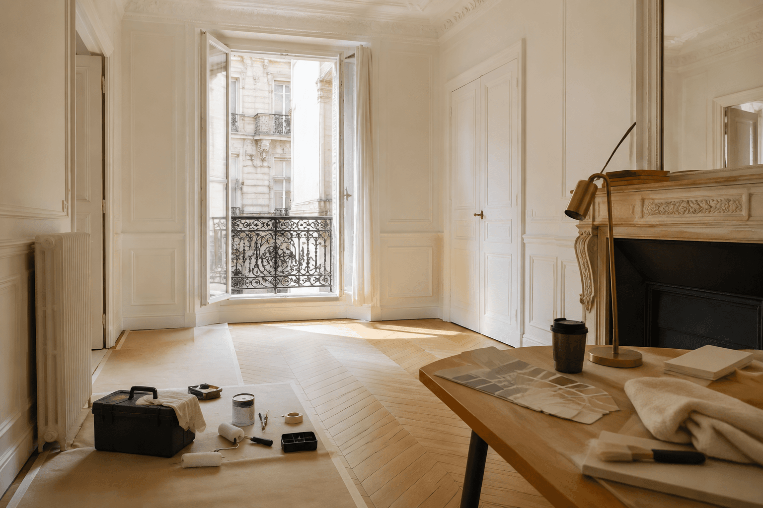 Appartement haussmannien parisien lumineux avec parquet protégé et outils de finition avant mise en vente