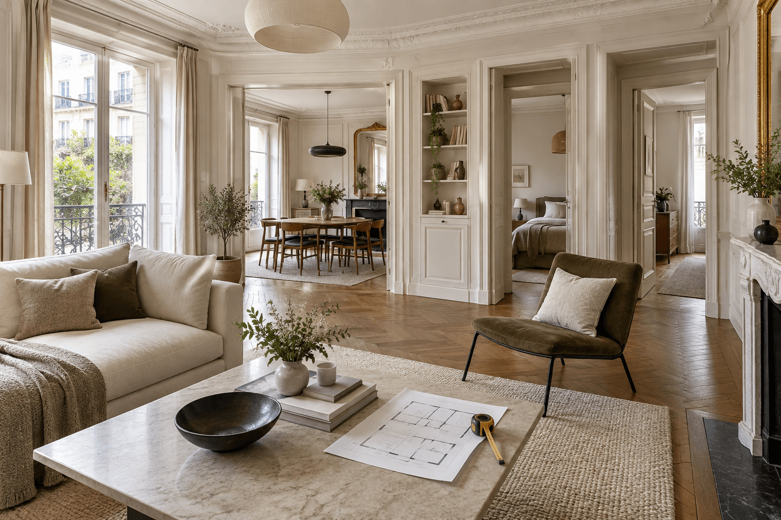 Salon lumineux d’un appartement familial parisien avec plan et mètre ruban posés sur une table en pierre