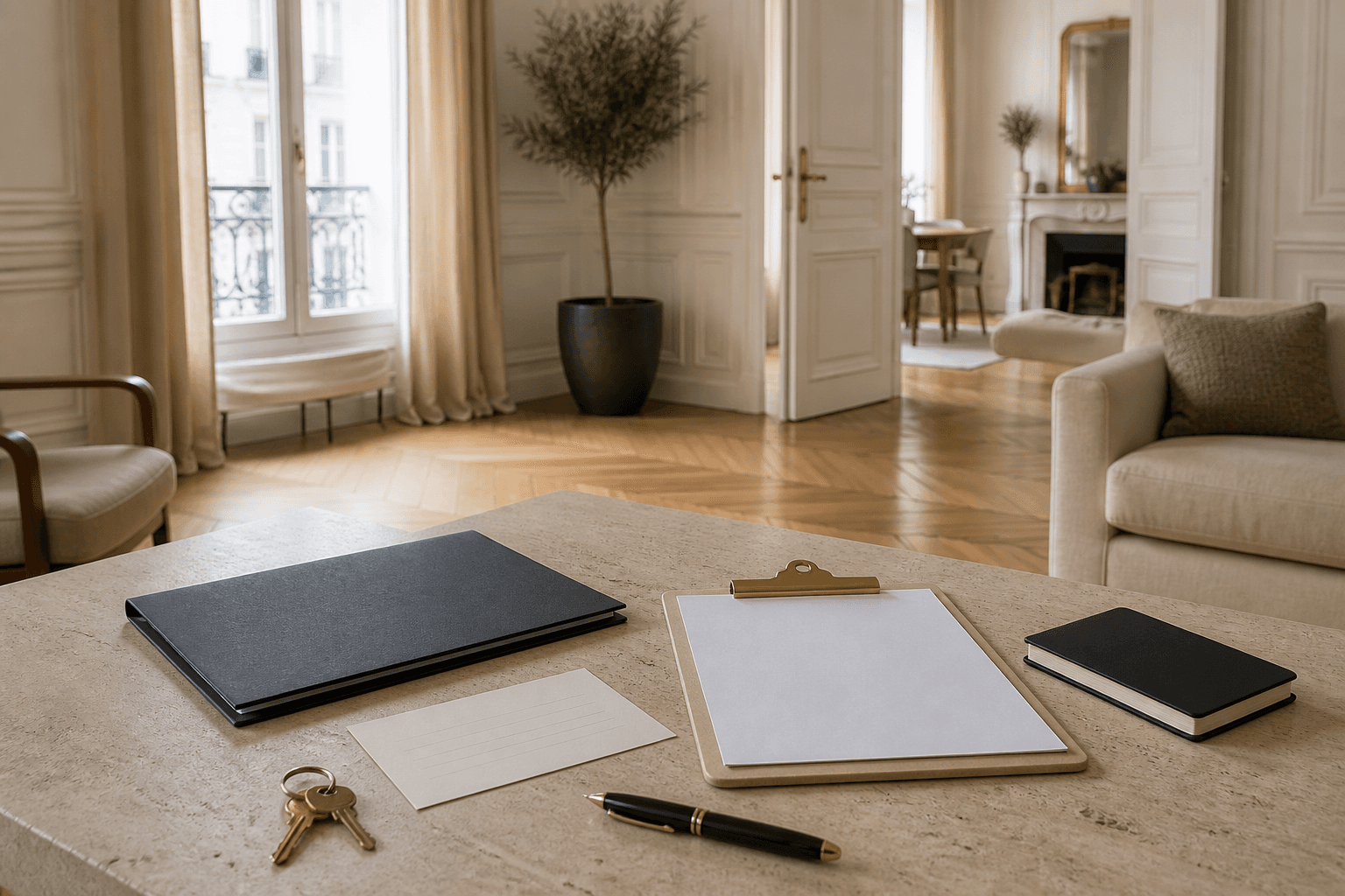 Dossier de bail, clés et feuille de visites dans un appartement parisien préparé pour une vente occupée