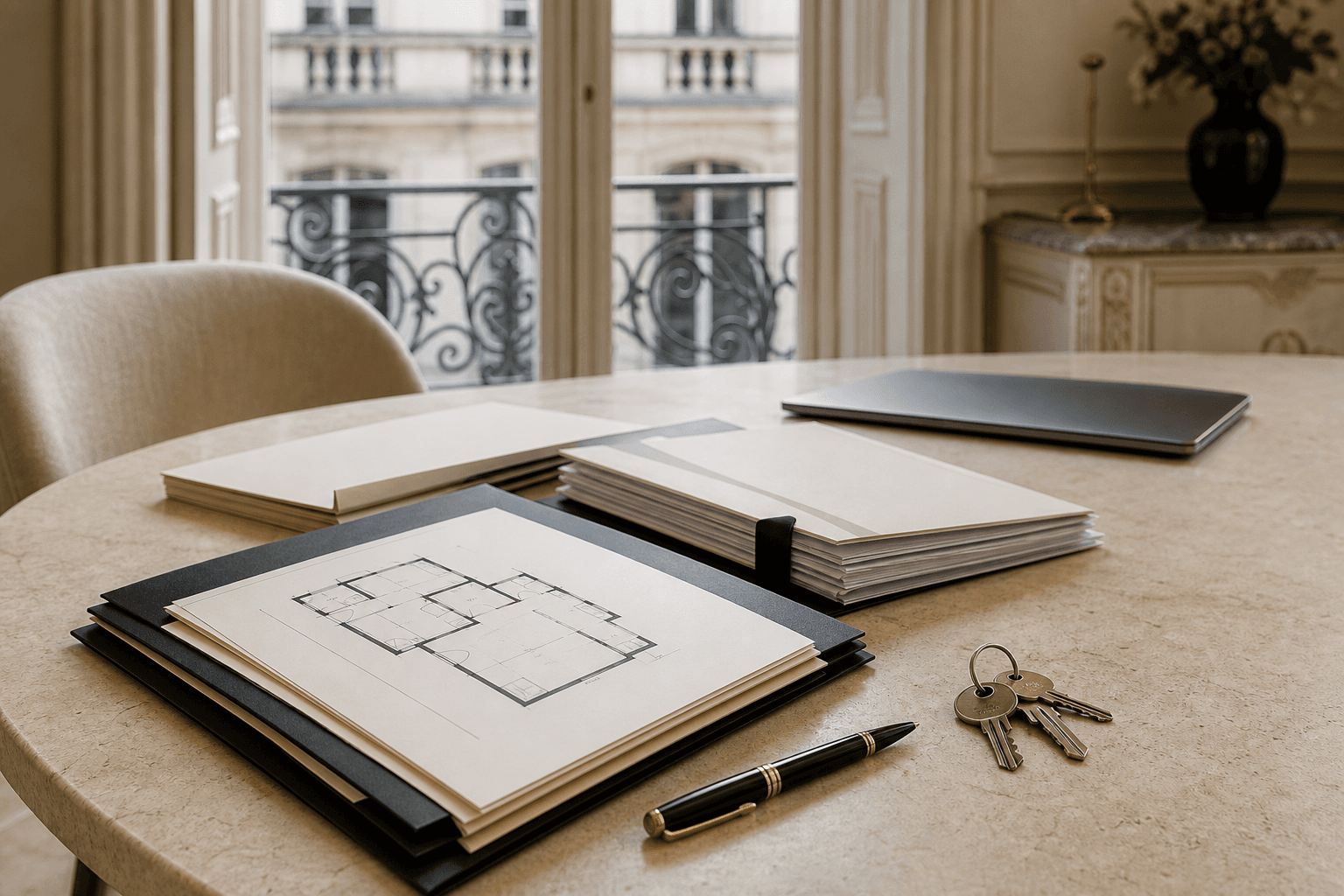 Dossier de vente, plan d’appartement et clés posés dans un intérieur haussmannien lumineux à Paris