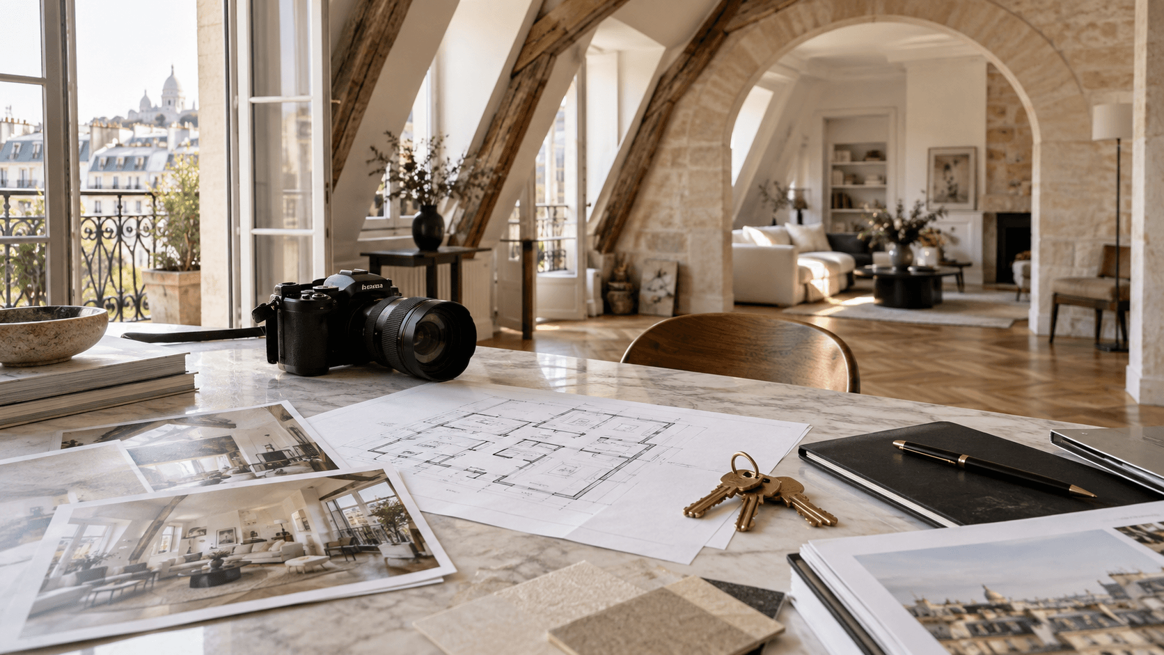 Plan, clés et appareil photo dans un appartement parisien atypique préparé pour une mise en vente