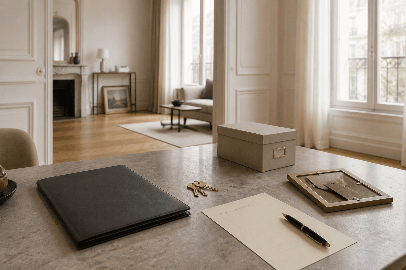 Dossier notarial, clés et boîte d’archives dans un appartement parisien à préparer pour la vente