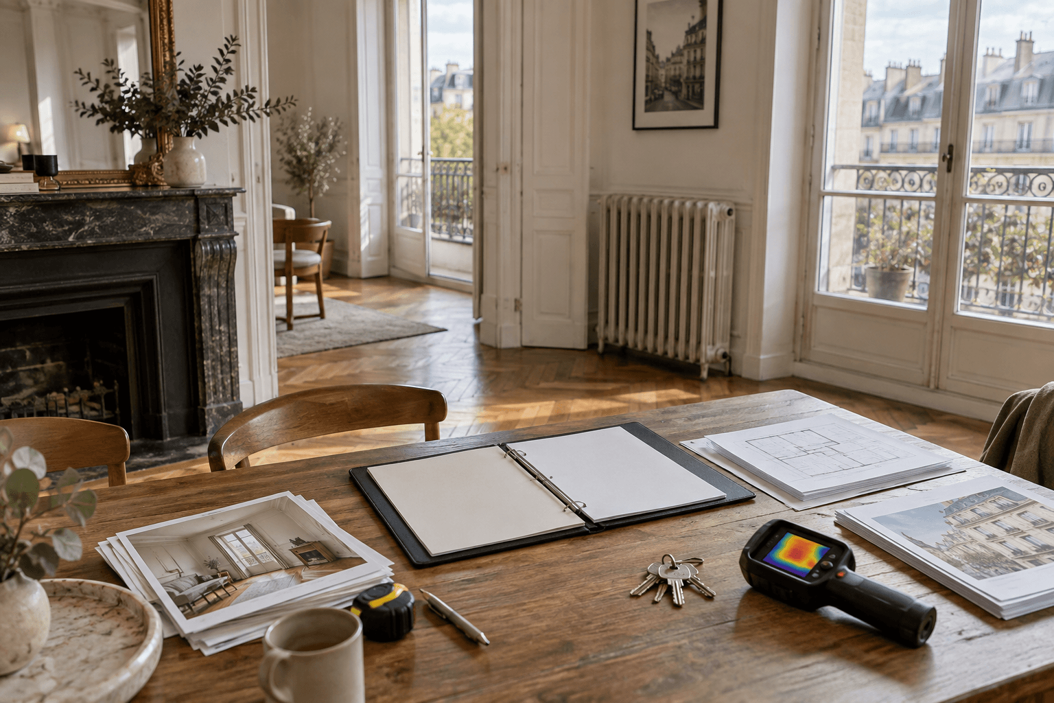 Dossier de vente, clés et caméra thermique sur une table dans un appartement parisien ancien avec radiateur