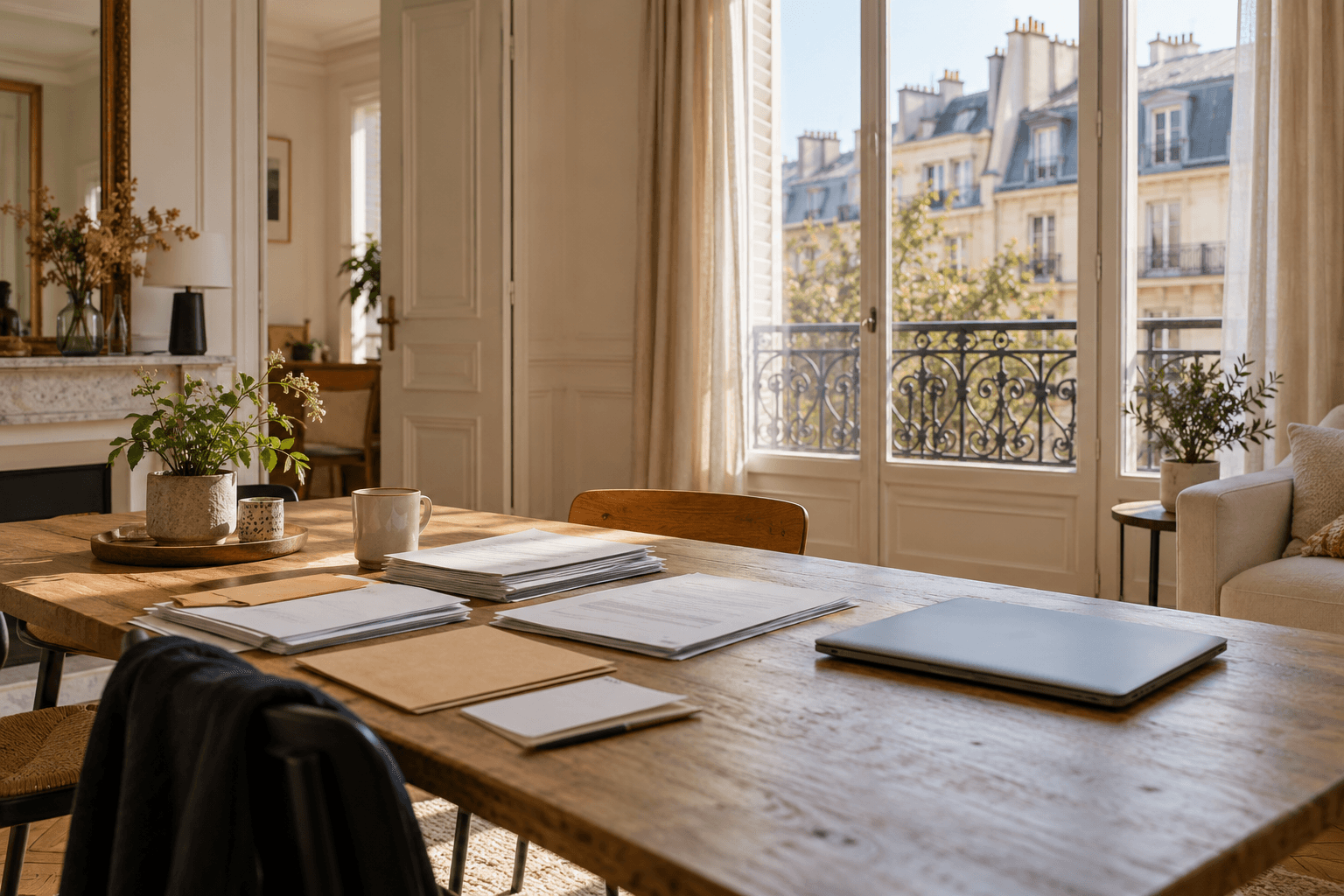 Dossier de candidature locative posé près d’une fenêtre dans un appartement parisien lumineux.