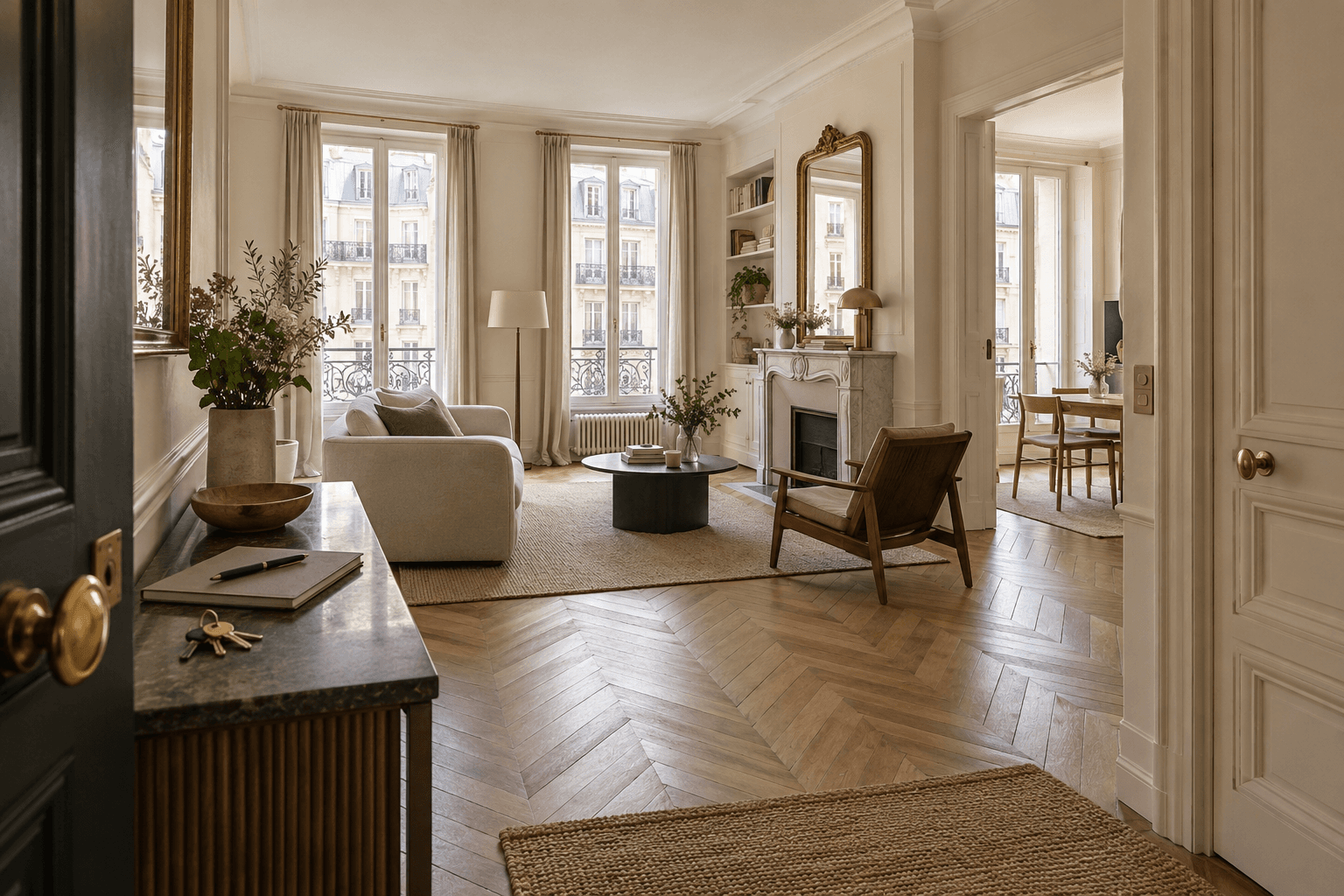 Intérieur d’un appartement parisien observé pendant une visite locative, avec lumière naturelle et détails pratiques visibles