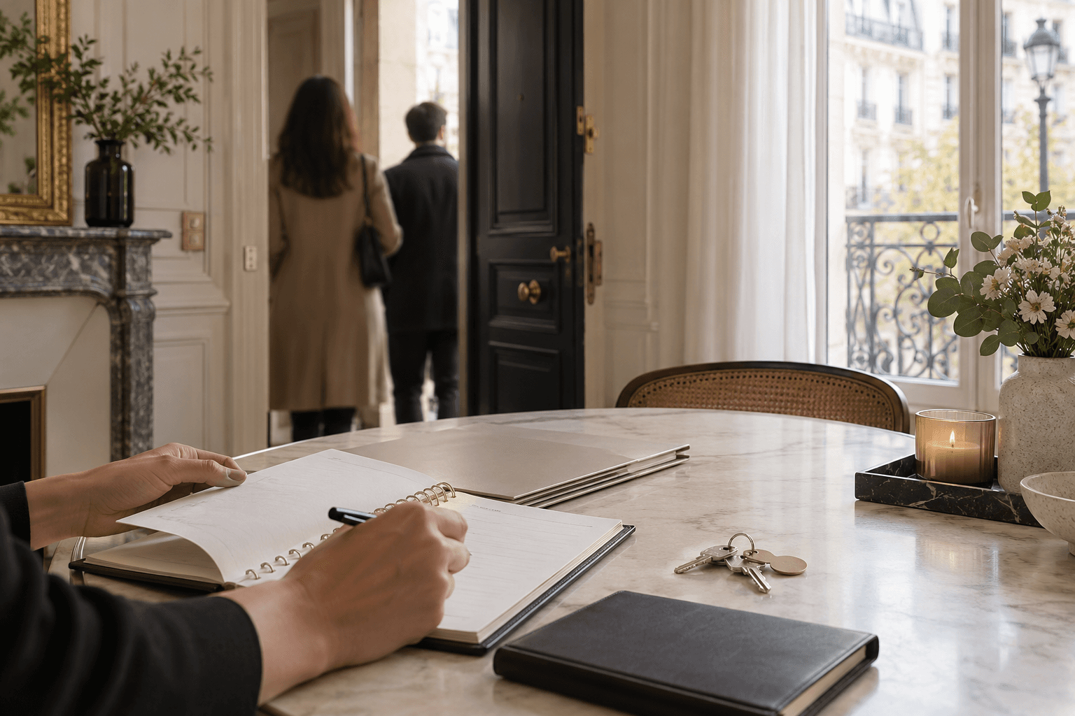 Table parisienne préparée pour suivre des visites locatives avec carnet, clés et dossier neutre