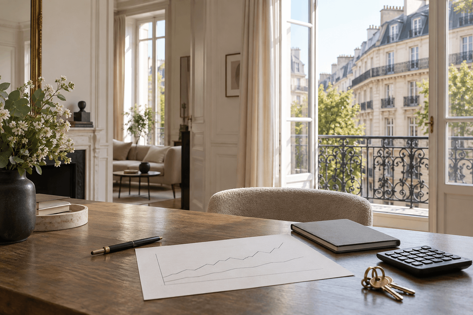 Table de travail dans un appartement parisien avec graphique vierge, clés et immeuble haussmannien visible