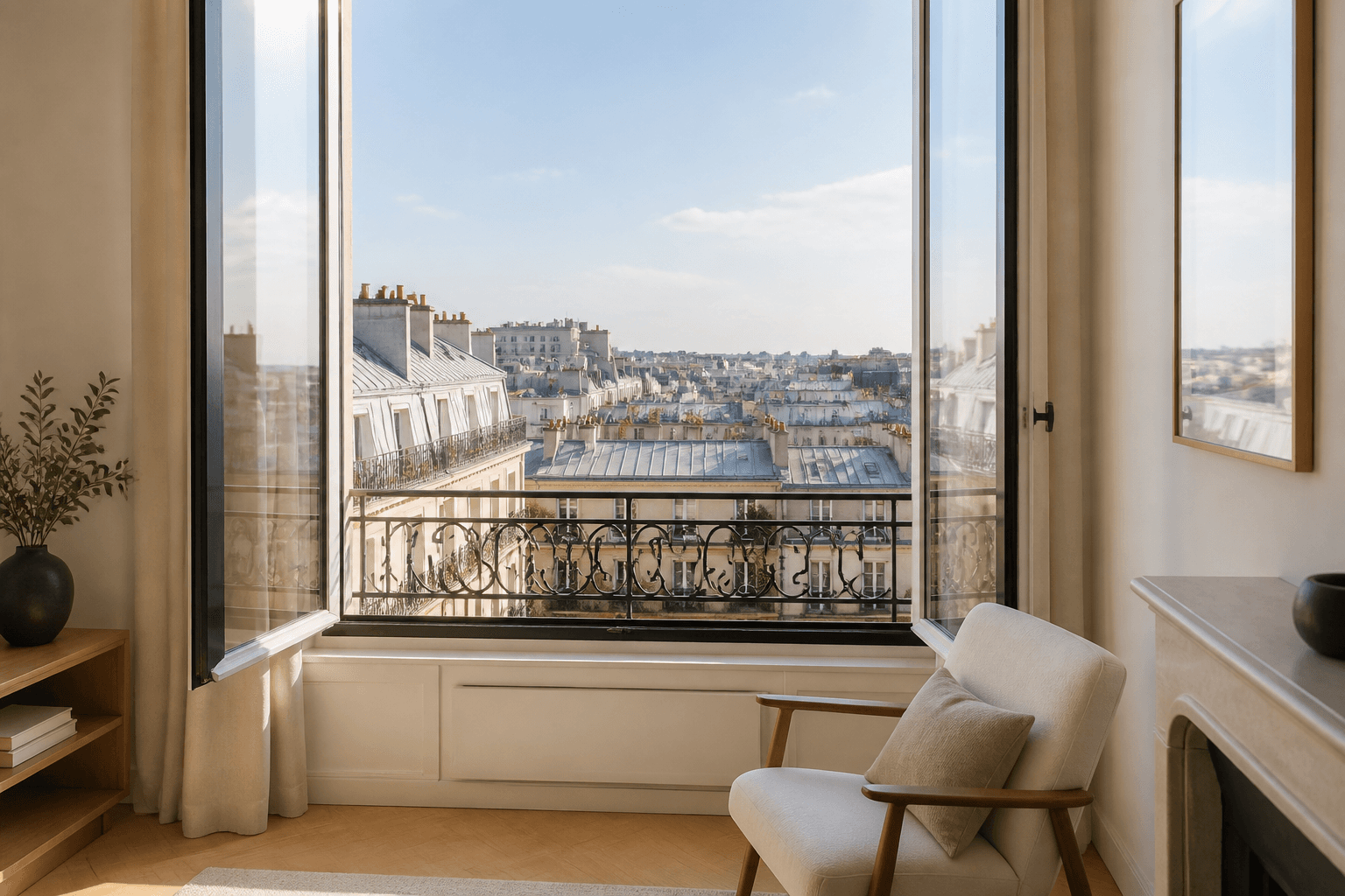 Fenêtre ouverte d’un appartement parisien donnant sur des toits et une perspective urbaine dégagée